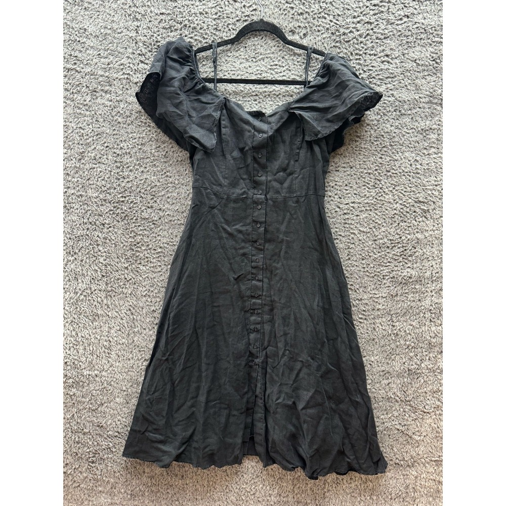 Uterque Linen Off Shoulder Button Down A Line Dress Black Womens Size M‎ / 28